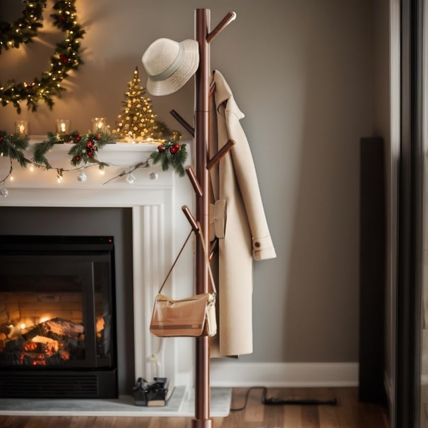 Solid Wooden Coat Rack Freestanding with 8 Hooks
