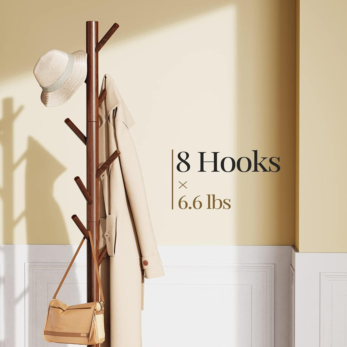 Solid Wooden Coat Rack Freestanding with 8 Hooks